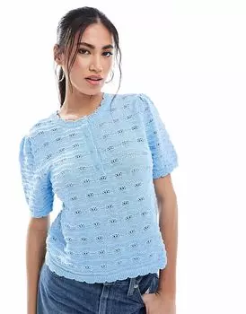 Вязаный топ Vero Moda с короткими рукавами и пуговицами светло-голубого цвета