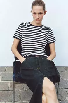 Вязаный топ в полоску с коротким рукавом ZARA, цвет Ecru/Navy