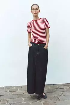 Вязаный топ в полоску с коротким рукавом ZARA, цвет Ecru/Red