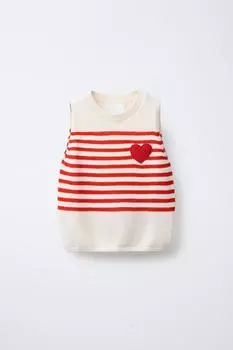 Вязаный топ в полоску с нашивкой в виде сердца ZARA, цвет Ecru/Red