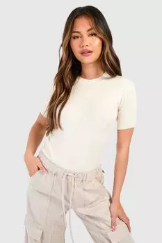Вязаный топ в рубчик с круглым вырезом и короткими рукавами boohoo, белый