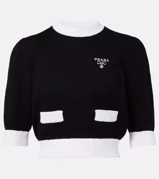 Вязаный укороченный хлопковый свитер с вафельной фактурой Prada, черный