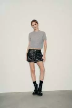 Вязаный укороченный топ с короткими рукавами ZARA, серый