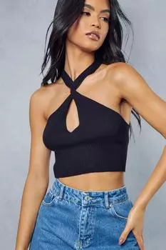 Вязаный укороченный топ с перекрученной деталью MISSPAP, черный