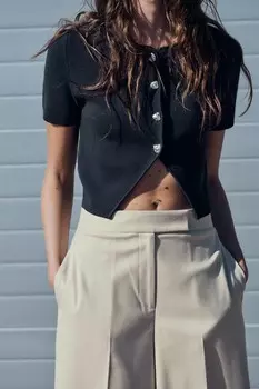 Вязаный укороченный топ ZARA, синий/зеленый