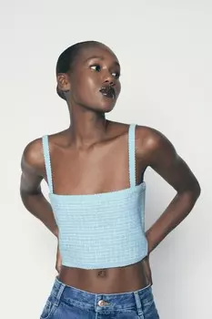 Вязаный укороченный топ ZARA, светло-голубой