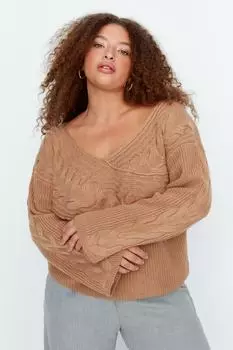 Вязаный вязаный свитер светло-коричневого цвета с V-образным вырезом Trendyol, коричневый