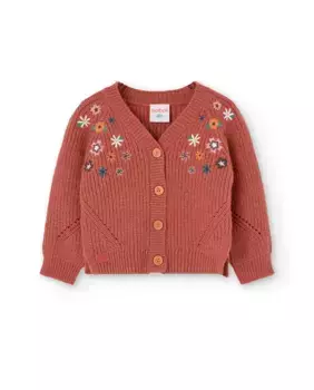 Вязаный жакет для девочки с пуговицами и цветочной вышивкой Boboli, коричневый