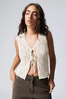 Вязаный жилет крючком с застежкой на завязку. Weekday, бежевый