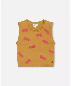 Вязаный жилет с бантами для больших девочек золотисто-коричневый Deux Par Deux, коричневый