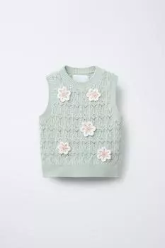 Вязаный жилет с цветочной аппликацией из бисера ZARA, цвет Sea green