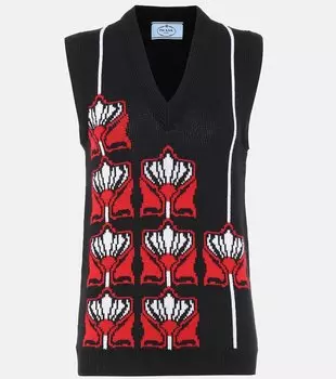 Вязаный жилет с цветочной интарсией Prada, Black+Red