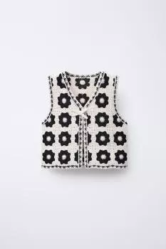 Вязаный жилет с цветочным рисунком крючком ZARA, цвет Ecru/Black