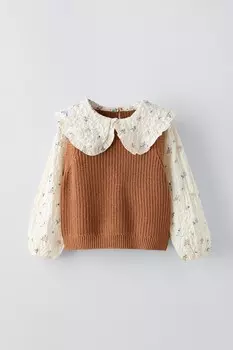 Вязаный жилет с контрастной рубашкой ZARA, цвет caramel