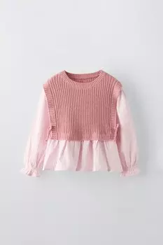 Вязаный жилет с контрастной рубашкой ZARA, розовый