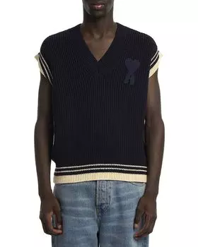 Вязаный жилет с ребристой вязкой и короткими рукавами Regular Fit AMI, синий