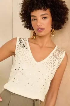 Вязаный жилет с V образным вырезом, расшитый пайетками Love & Roses, белый