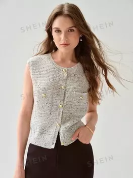 Вязаный жилет Тип передней кнопки Синтетические смеси, Свободный стиль, Женский, Весна/Осень Enchnt, светло-серый