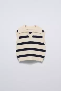 Вязаный жилет в полоску ZARA, экрю/темно-синий