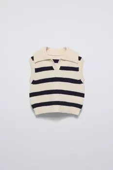 Вязаный жилет в полоску ZARA, экрю/темно-синий