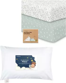 Встроенные простыни Keababies Pack and Play, 2 мини-простыня для кроватки и подушка для малышей с наволочкой — Простыня для детской кроватки с матрасом Pack and Play — Мягкие хлопковые подушки для сна для малышей 13X18