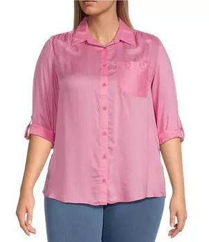 Введение Большие размеры Тканый однотонный полосатый принт с заостренным воротником и рукавами 3/4 с высоким и низким подолом Рубашка на пуговицах спереди Intro, розовый