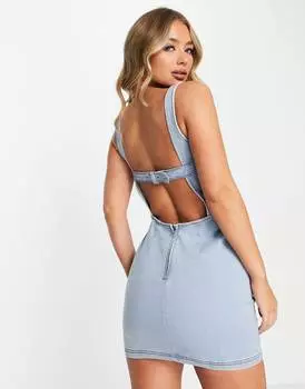 Выбеленно-синее джинсовое мини-платье мини с пряжками на бретельках и открытой спиной ASYOU