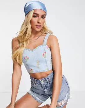 Выбеленный джинсовый бралет Miss Selfridge с цветочной вышивкой