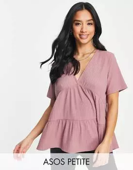 Выбеленный розовый топ в рубчик с v-образным вырезом ASOS DESIGN Petite