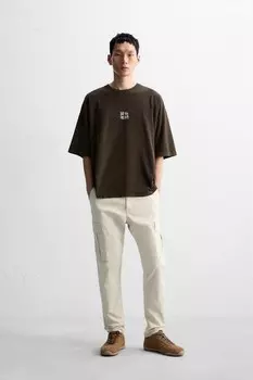 Выцветевшая футболка с контрастным принтом ZARA, коричневый