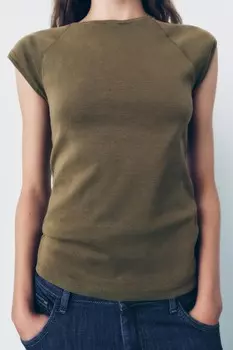 Выцветевшая хлопковая футболка ZARA, оливково-зеленый
