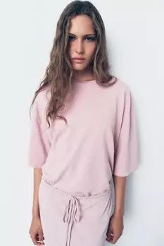 Выцветевшая хлопковая футболка ZARA, пастельно-розовый