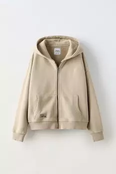 Выцветшая толстовка с капюшоном на молнии с этикеткой ZARA, коричневый/серо-коричневый