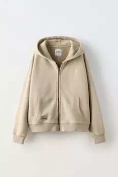 Выцветшая толстовка с капюшоном на молнии с этикеткой ZARA, коричневый/серо-коричневый