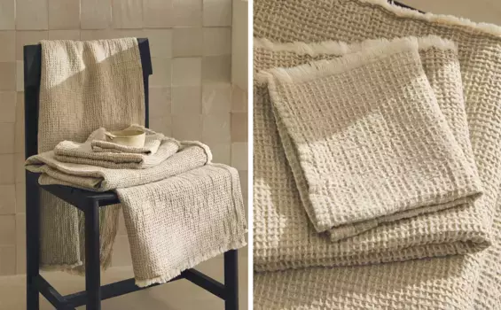Выцветшее льняное и хлопковое банное полотенце вафельной вязки Zara Home, песок