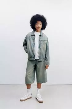 Выцветшие длинные джинсовые шорты-бермуды ZARA, цвет Blue/Green
