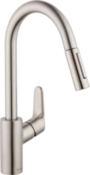 Выдвижной смеситель для кухни Hansgrohe Focus HighArc с системой PullDown, steel optic