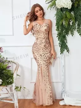 Выпускное платье Belle из прозрачной ткани с разрезом, расшитое контрастными пайетками Shein, шампанское