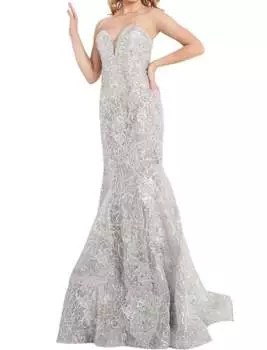 Выпускное платье без бретелек с декором в стиле «русалка» серебристого цвета JOVANI, серебряный