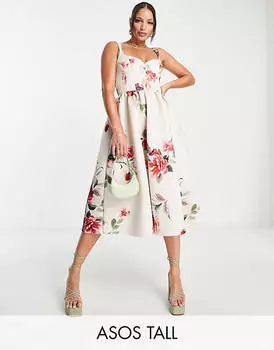 Выпускное платье миди с цветочным принтом и корсетными швами ASOS DESIGN Tall