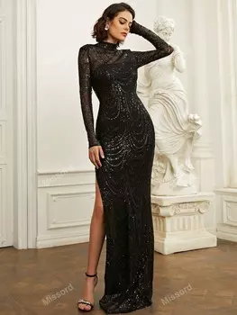 Выпускное платье, высокий воротник, глубокий разрез, пайетки Missord, черный