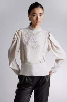 Вышитая блузка с рукавами-буфами H&M, бежевый