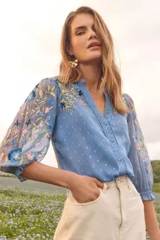 Вышитая блузка с v образным вырезом и рукавами 3/4 Love & Roses, синий
