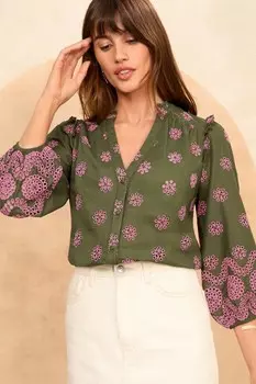 Вышитая блузка с v образным вырезом и рукавами 3/4 Love & Roses, зеленый