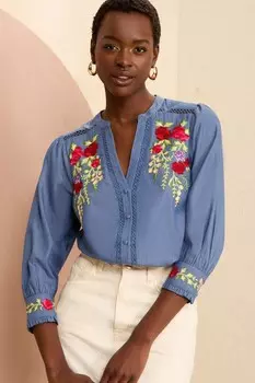 Вышитая блузка с v образным вырезом и рукавами 3/4 Love & Roses, синий