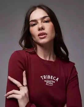 Вышитая детская футболка Tribeca с длинными рукавами бордового цвета Topshop