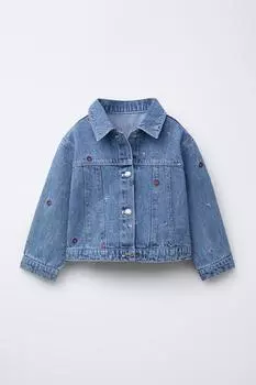 Вышитая джинсовая куртка ZARA, средне-синий