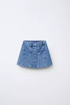 Вышитая джинсовая юбка ZARA, средне-синий