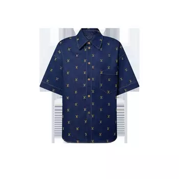 Вышитая фирменная джинсовая рубашка с короткими рукавами Louis Vuitton, синий