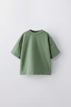 Вышитая футболка ZARA, средне-зеленый